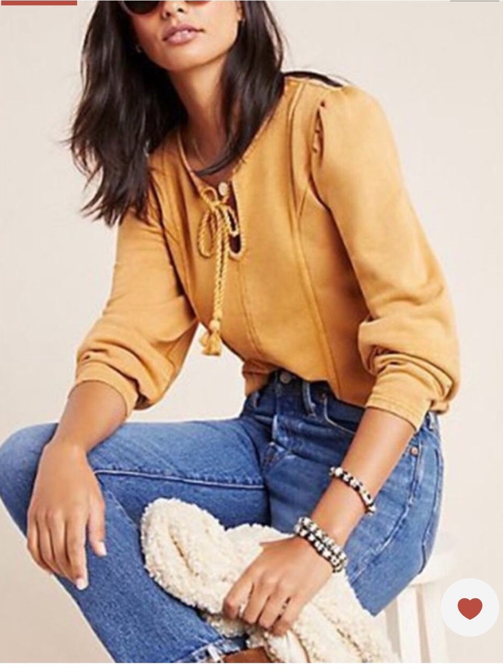 Maeve Anthropologie Jeanne Puff Sleeve Sweatshirt Top Tassels Carmel Gold Medium